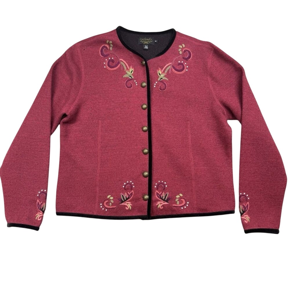 Icelandic Design Jacket Women s Medium Red Wool Embroidered Full Button Nordic